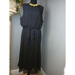 JBS Maxi Dress Womens Sz 18W Blue Yellow Polka Dot Chiffon Sleeveless Tie Waist